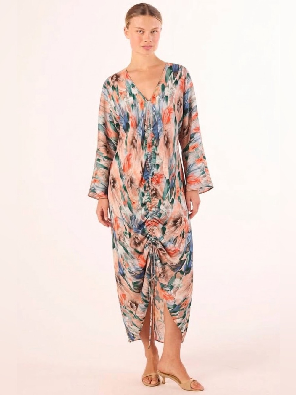 MISA LOS ANGELES Women’s Esmee Watercolour Floral Ruched Midi Dress, XS/S